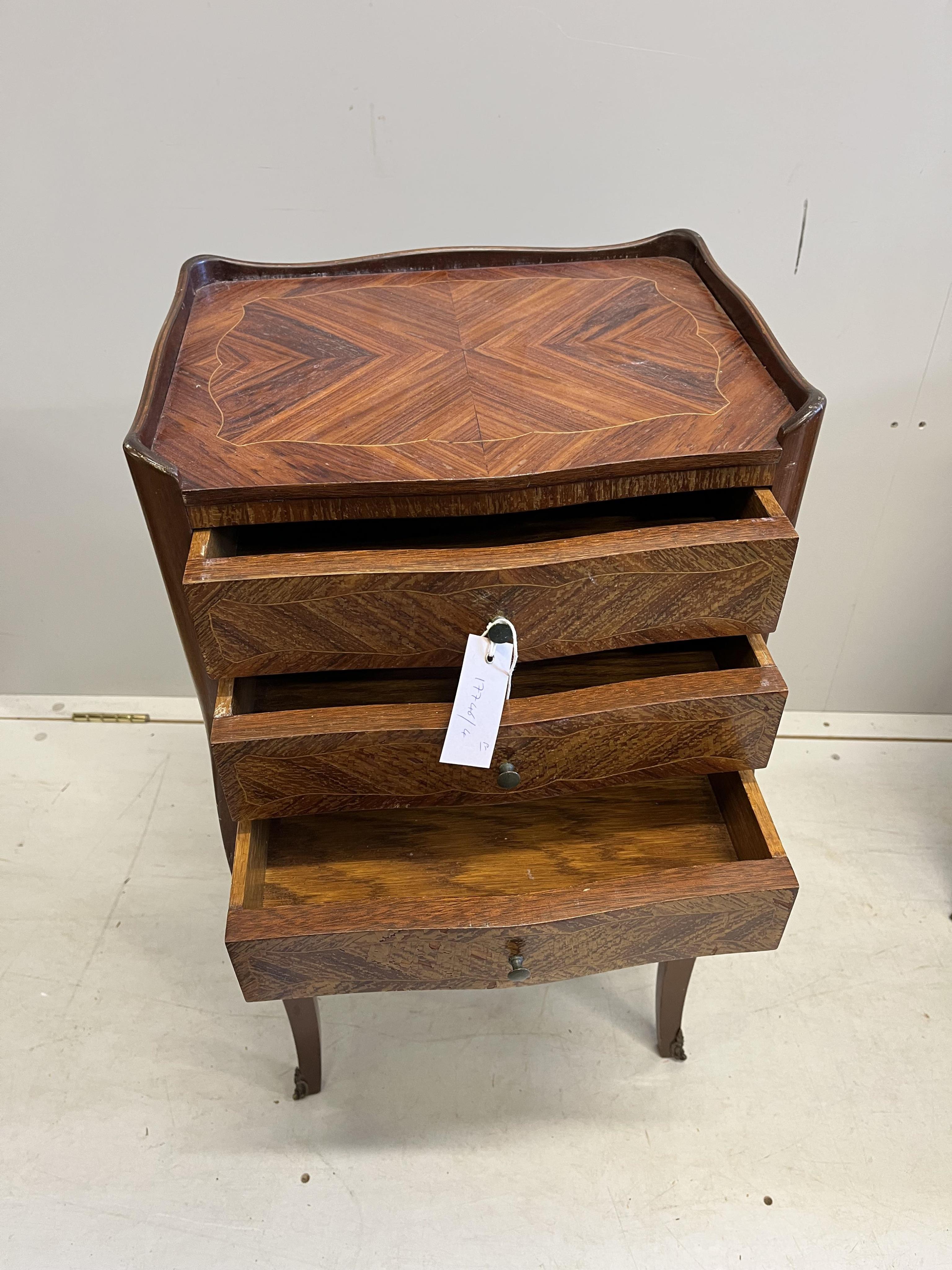 A pair of Louis XVI style inlaid kingwood bedside chests, width 39cm, depth 31cm, height 74cm